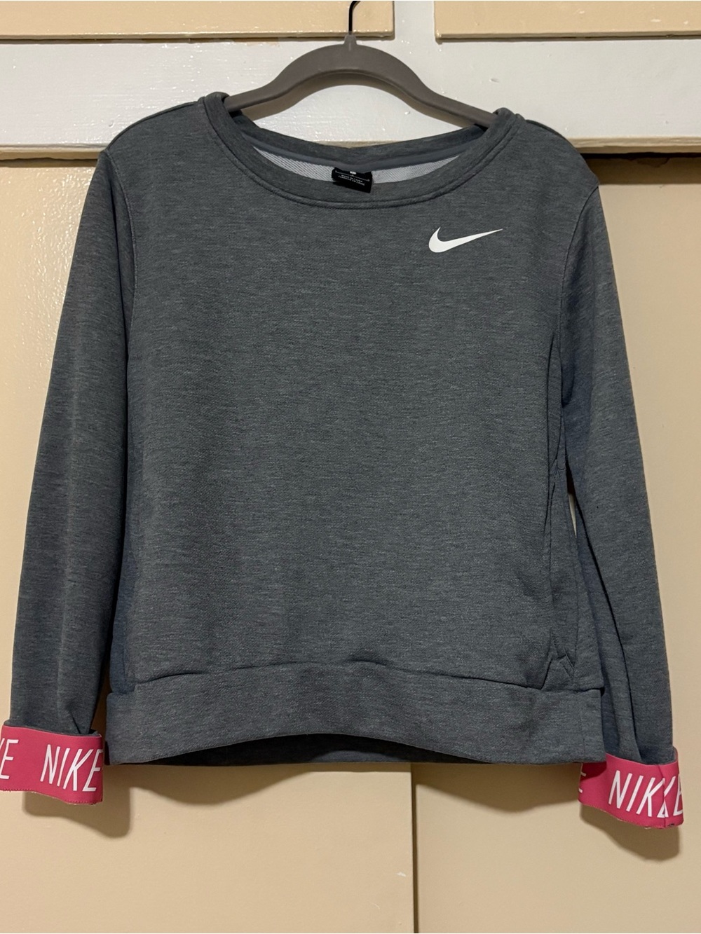 Nike Dark Gray Crewneck Sweatshirt with Pink Cuff Trim